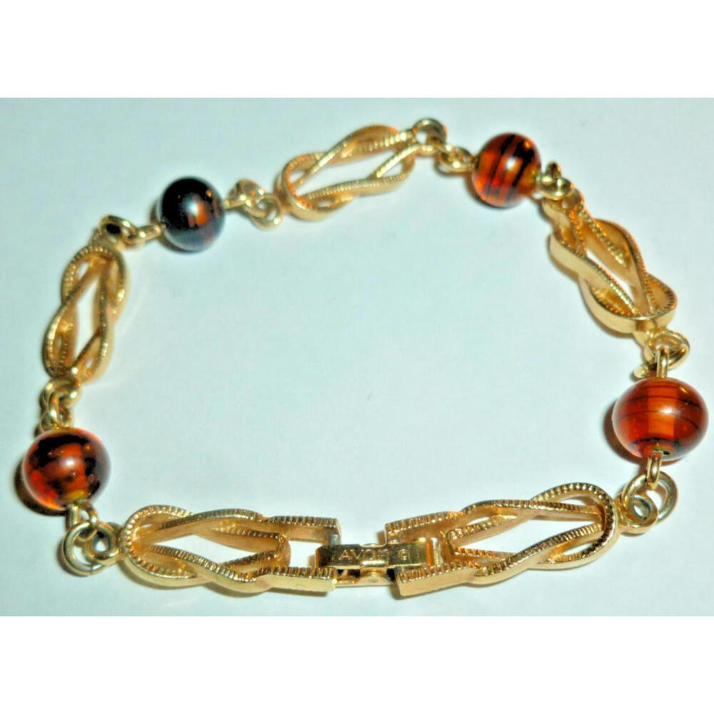 Vintage Avon Textured Gold Tone Bracelet 7.5" Long amber Colored Beads